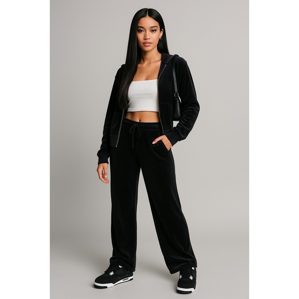 Y2K Velour Tracksuit Womens FITS 3X Black 2 Pc Jacket Wide Leg High Rise